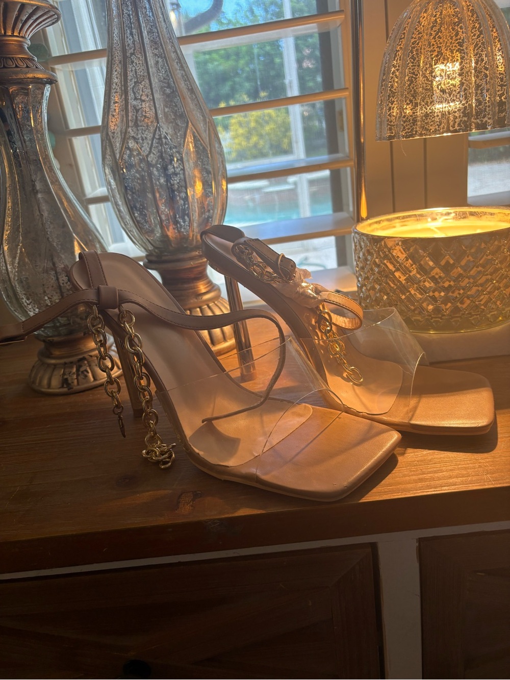 Sexytag Clear Strap Nude High Heel Sandals with Gold Chain Accent - size 11